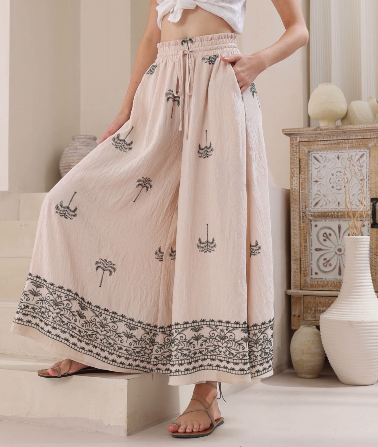 Green Embroidered Palm Palazzo Pants
