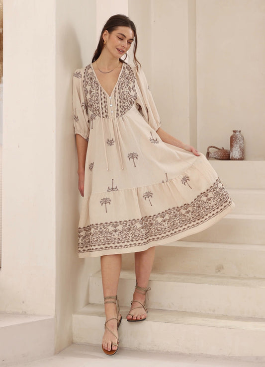 Belinda Mocha Palm Midi Dress
