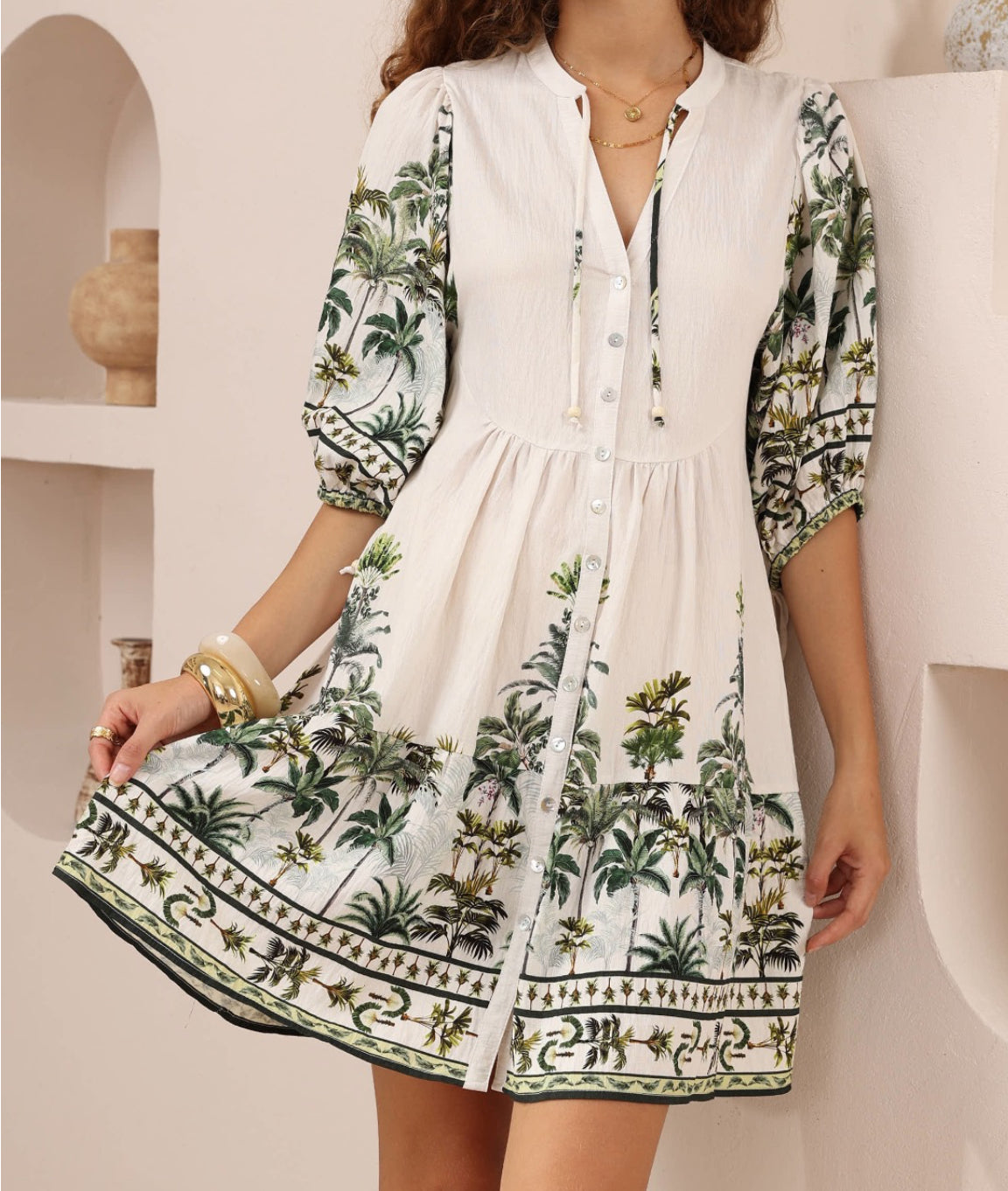 Belinda Green/White Tropical Palm Mini Dress