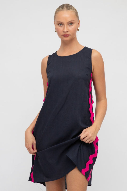 Barcelona Mini Navy with Pink Ric Rac Maxi Dress