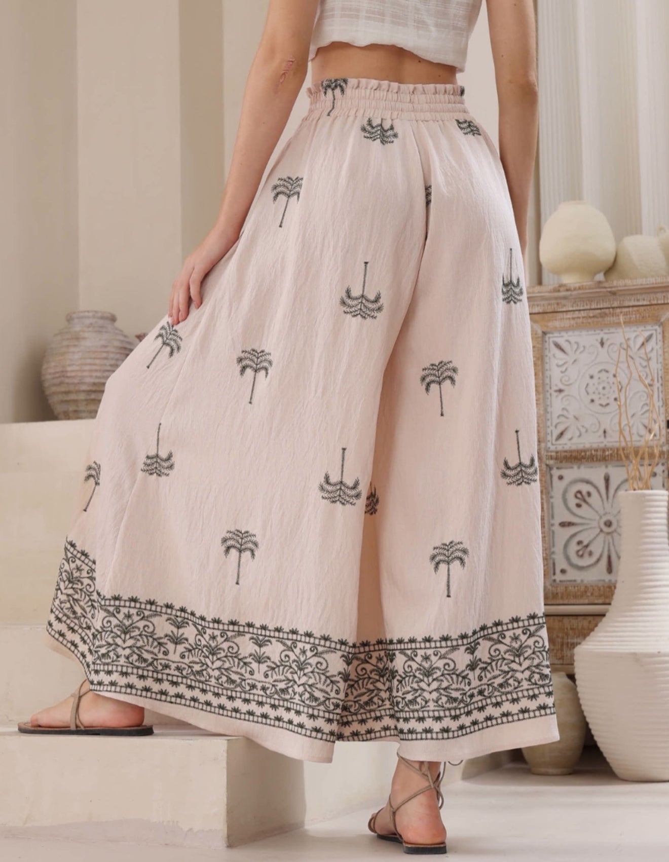 Green Embroidered Palm Palazzo Pants