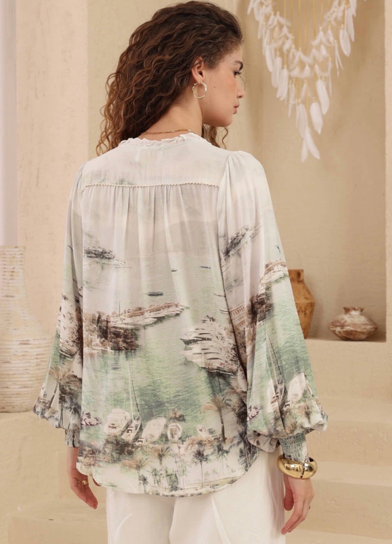 Pamela Blue/Green Island Village Print Blouse