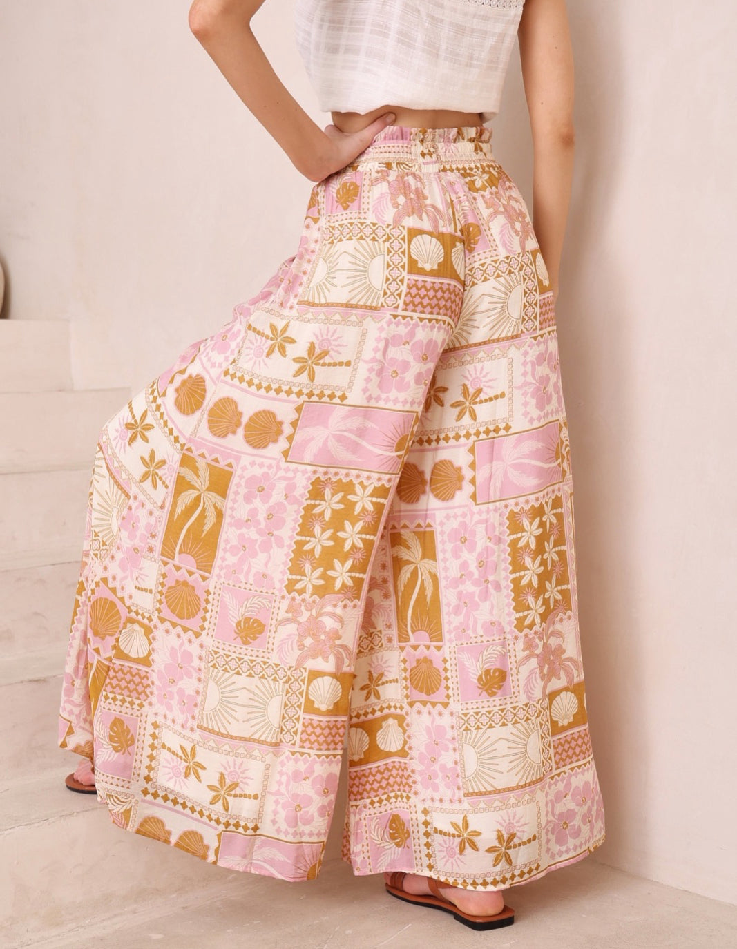 Panama Tan/Pink Block Print Palazzo Pants