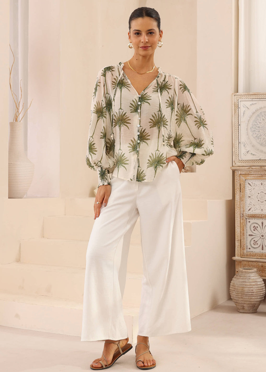 Pamela Palm Cream/Green Blouse
