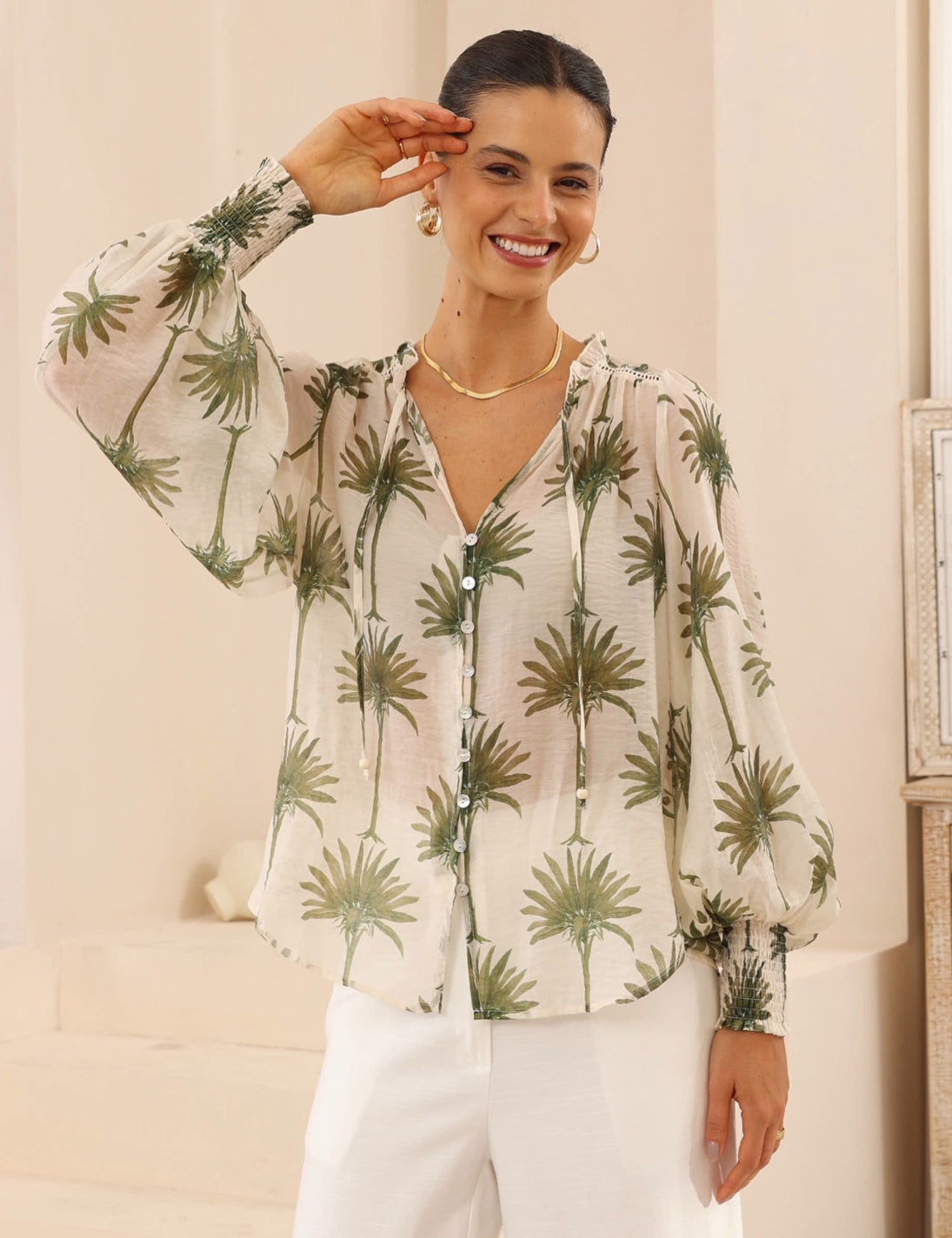 Pamela Palm Cream/Green Blouse