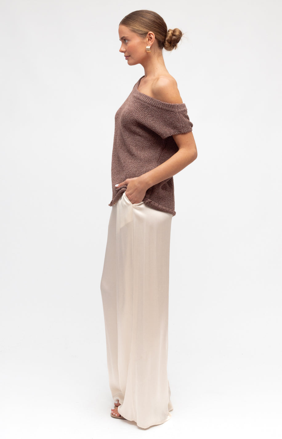 Carrie Chocolate Off the Shoulder Knit Top