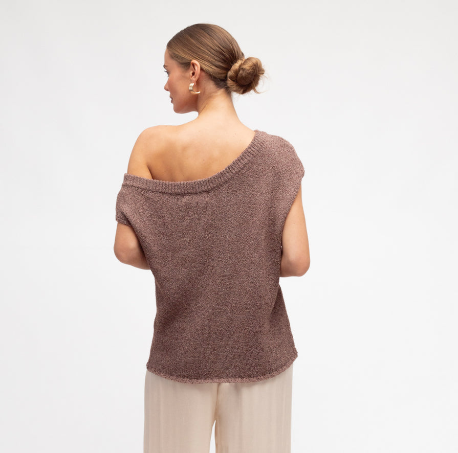 Carrie Chocolate Off the Shoulder Knit Top