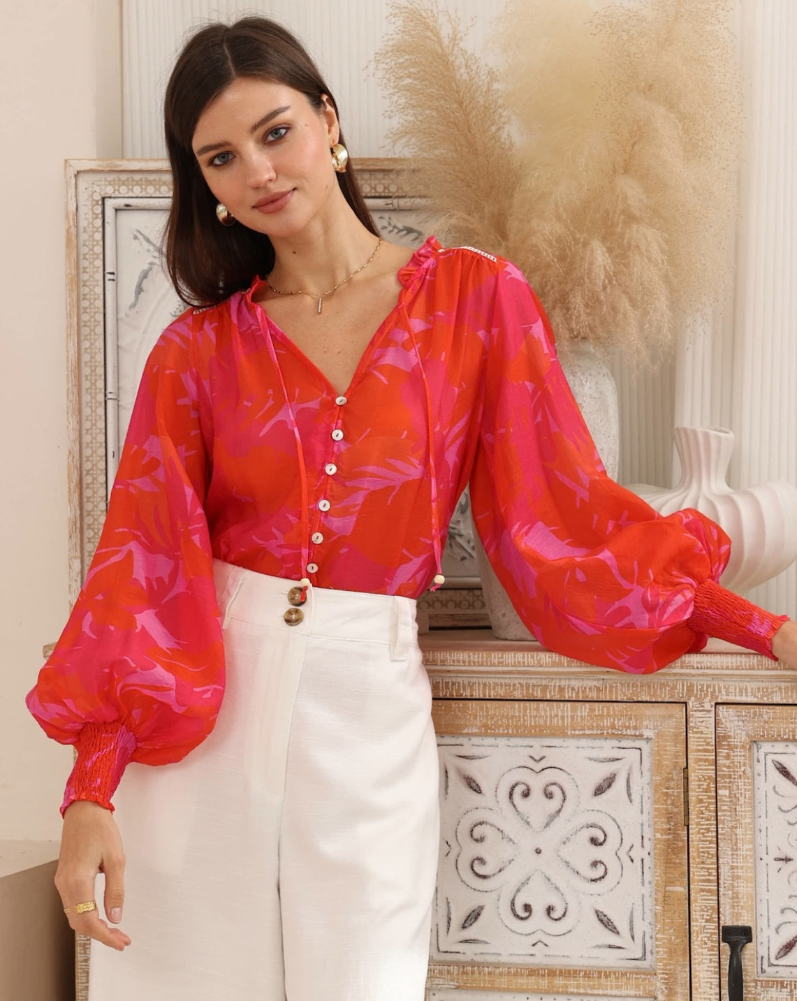 Pamela Red/Pink Tropical Blouse
