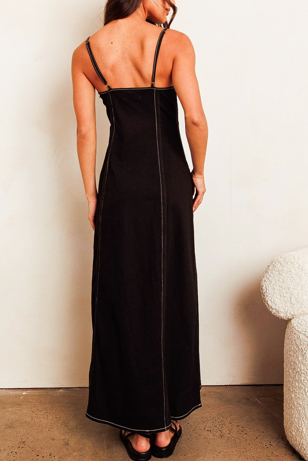black denim dress white stitching Campbell Denim Dress in Dark Wash