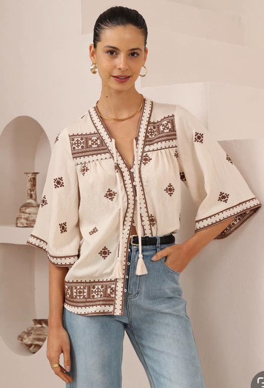 Florence Mocha Embroidered Blouse