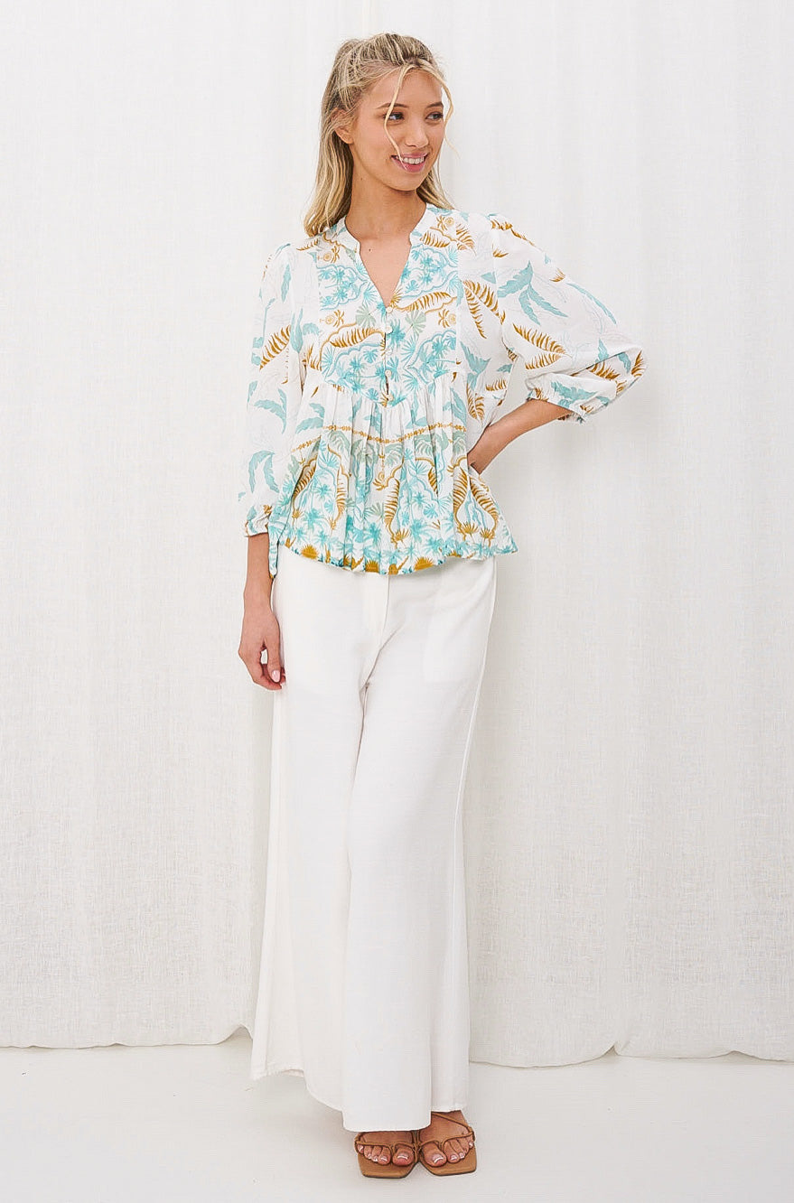 Belle Tropical Blue, Gold and White Print Blouse