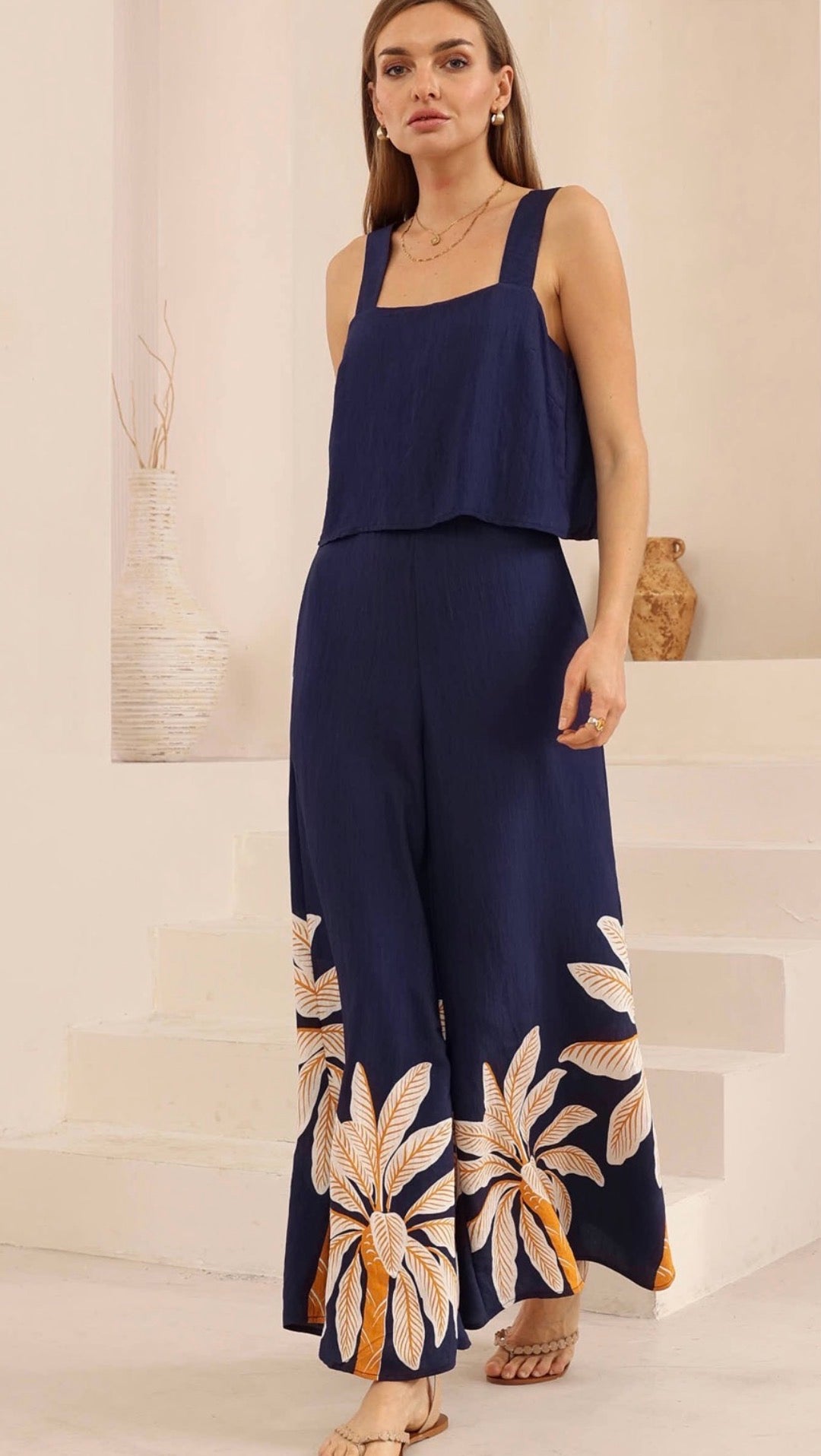 Audrina Navy/Mustard PaLM Jumpsuit