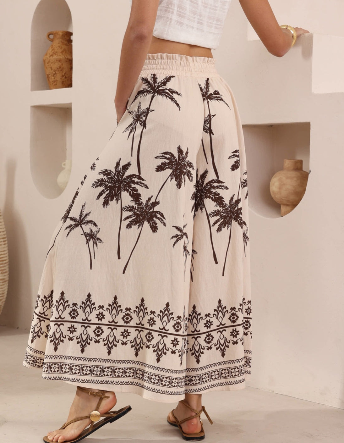 Panama natural / chocolate Palm  Print Palazzo Pants