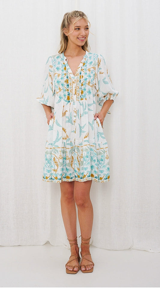 Belinda Tropical Blue, Gold and White Mini Dress