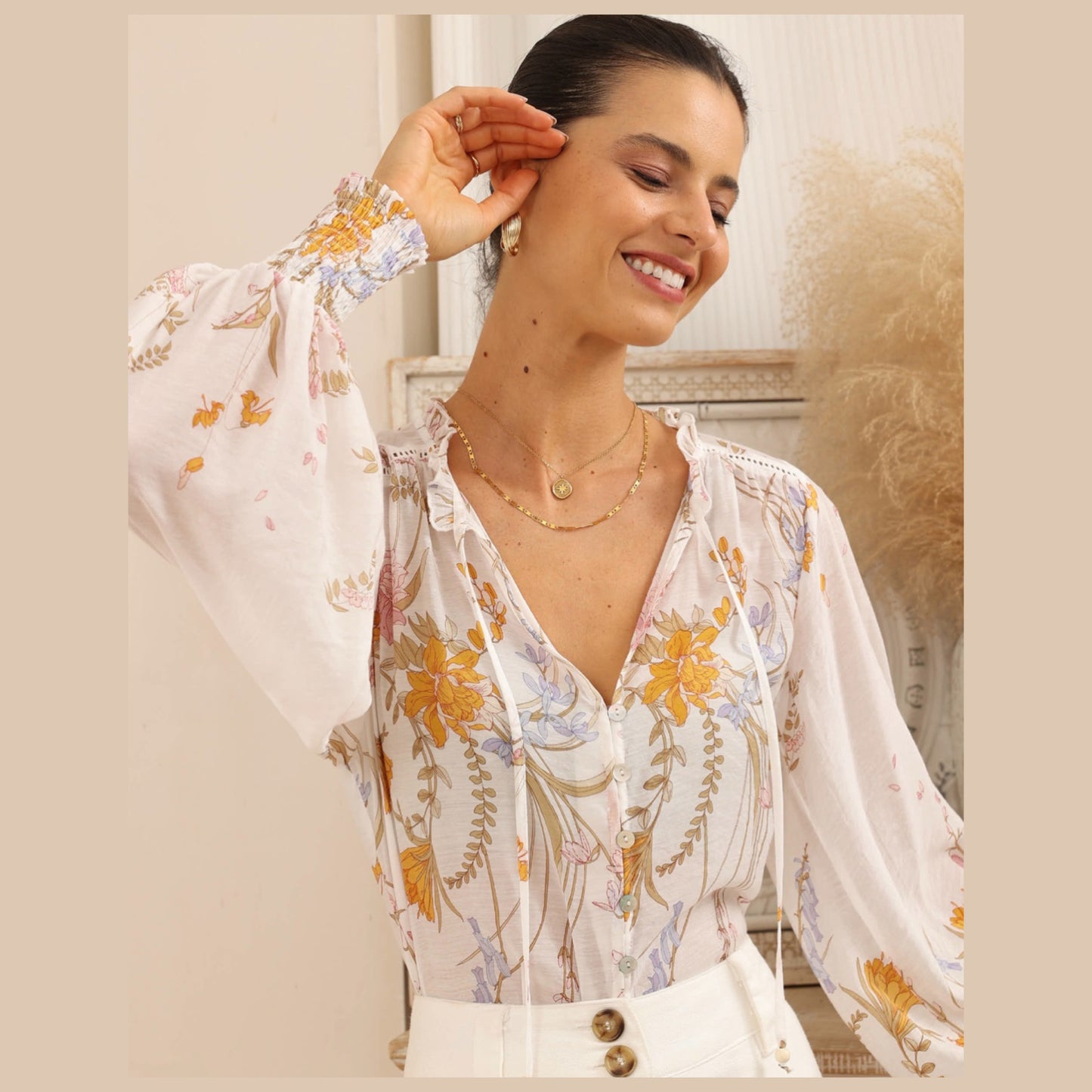 Pamela white/Pink/Yellow Floral Blouse
