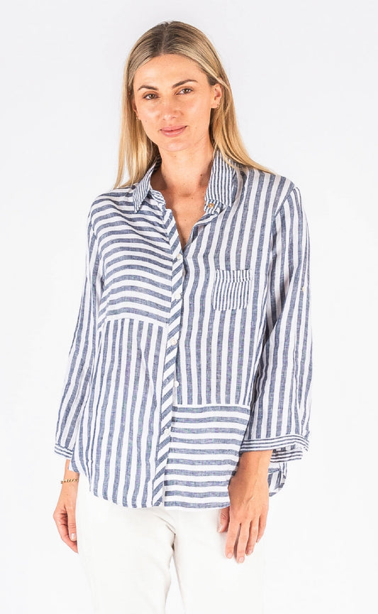 Hyatt Linen Navy Stripe Shirt