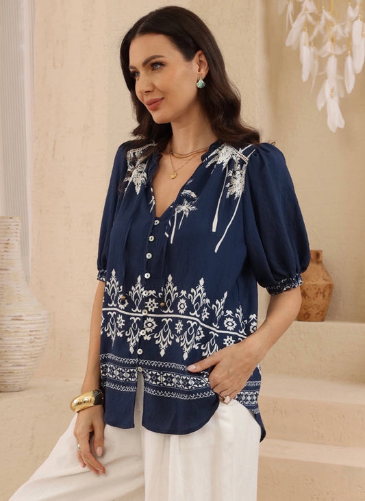 Lisa Palm Navy/White Blouse
