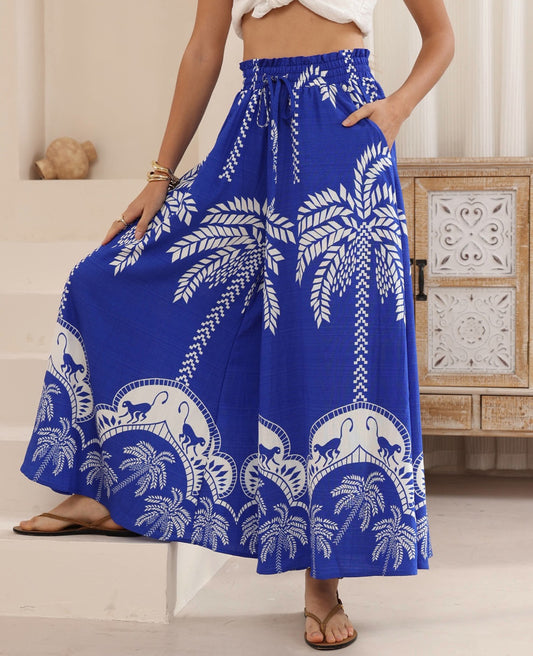 Panama Blue/White Palm  Print Palazzo Pants