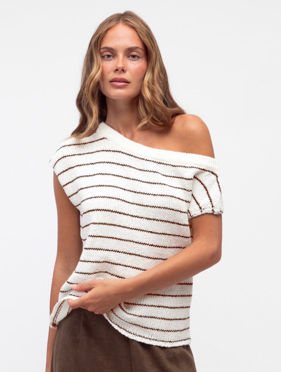 Carrie White/Oatmeal Stripe Off the Shoulder Knit Top