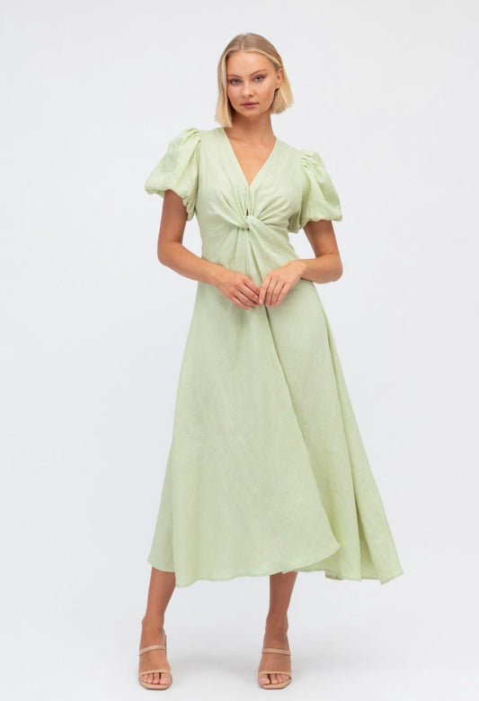 Chrystal Twist Sage Green Linen Dress