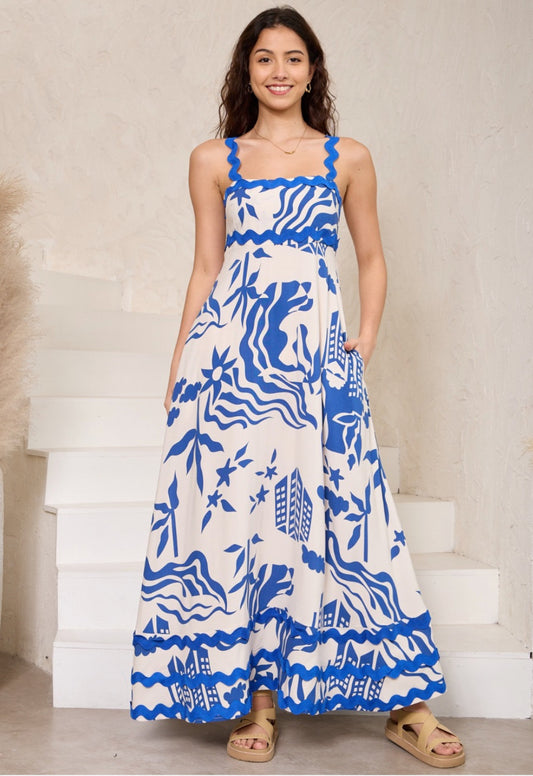 Summer White/Blue  Ric Rac Maxi Dress