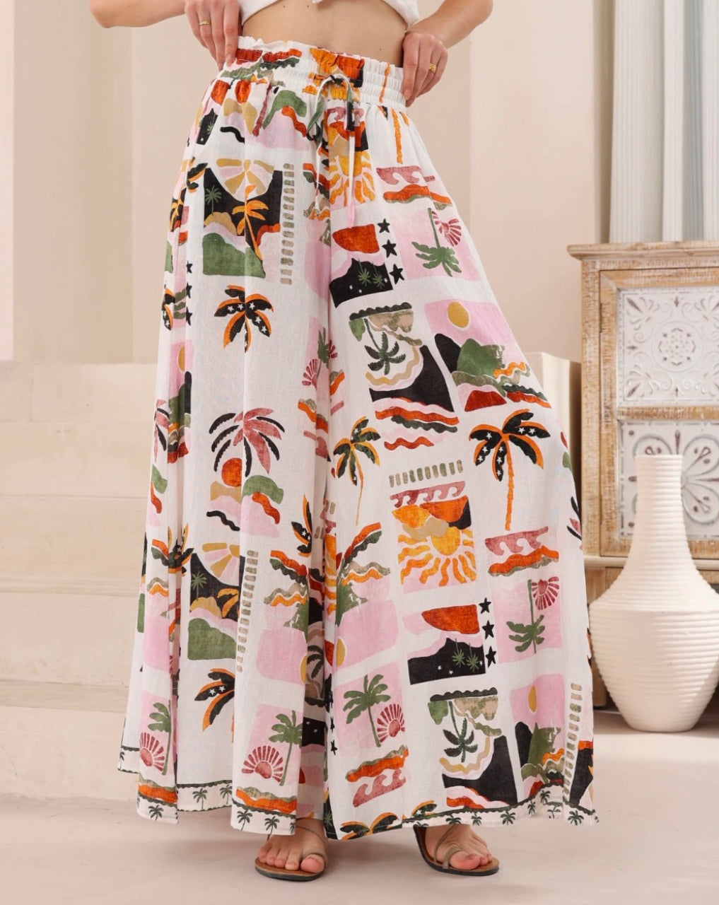 Tropical Palazzo Tan/Pink/Green Block Print Pants