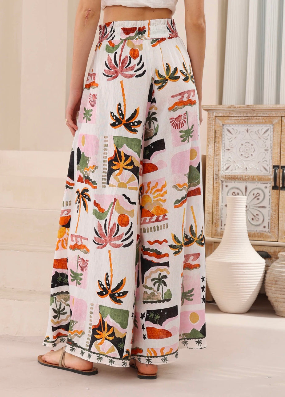 Tropical Palazzo Tan/Pink/Green Block Print Pants