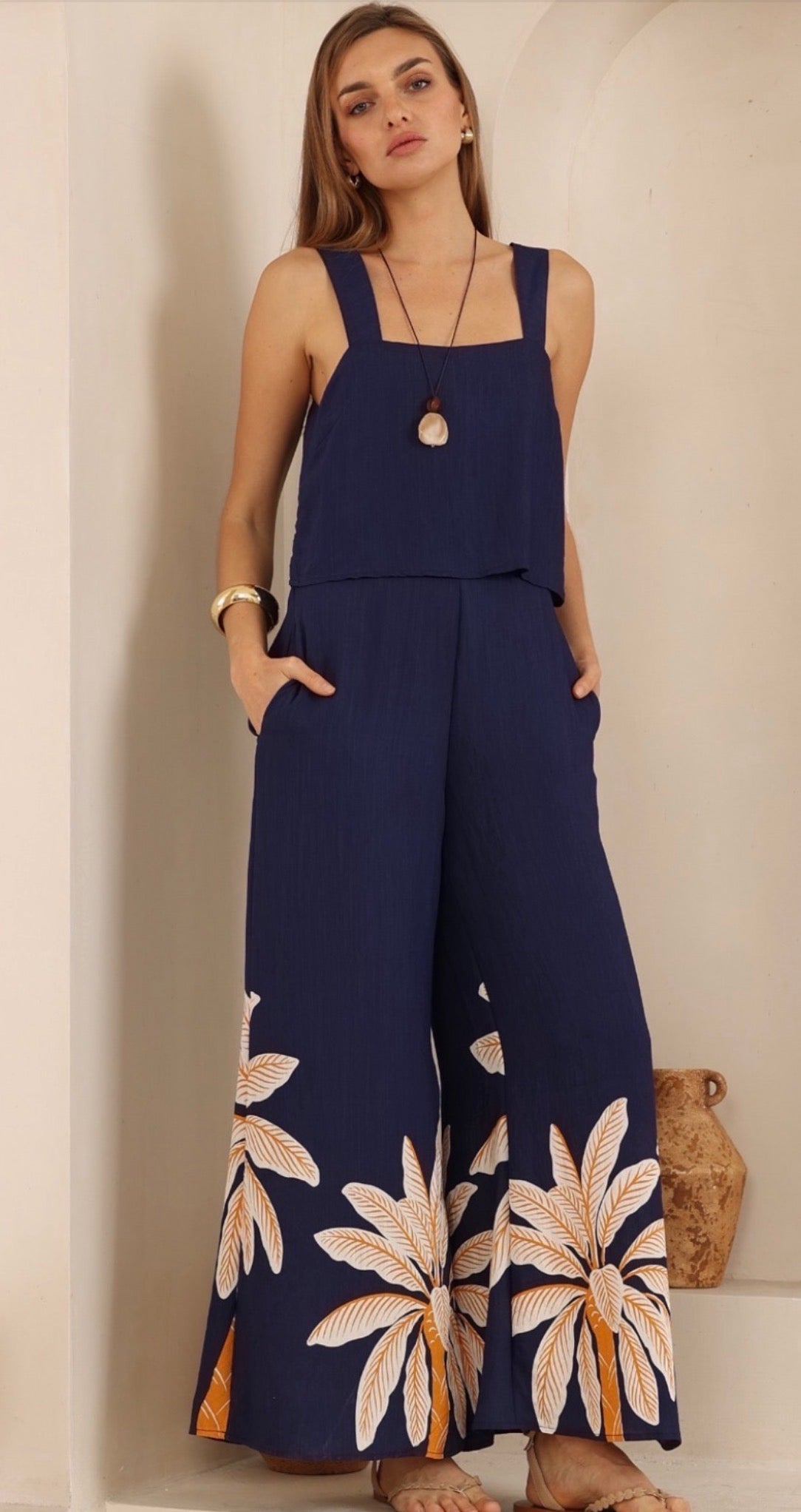 Audrina Navy/Mustard PaLM Jumpsuit