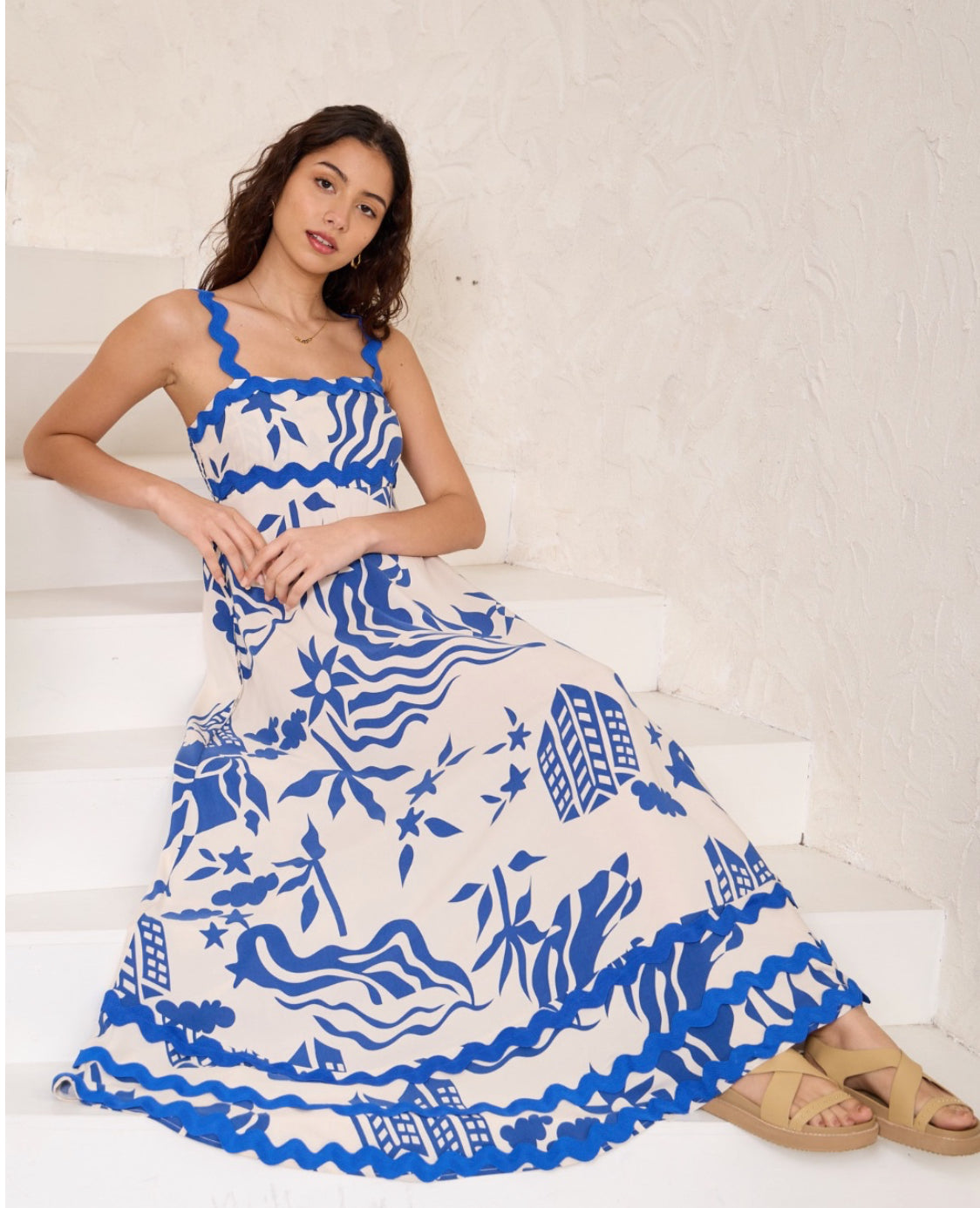 Summer White/Blue  Ric Rac Maxi Dress