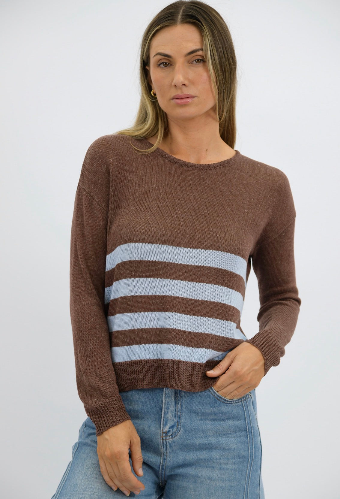Kylie Linen/Cotton Chocolate/Blue Stripe Knit