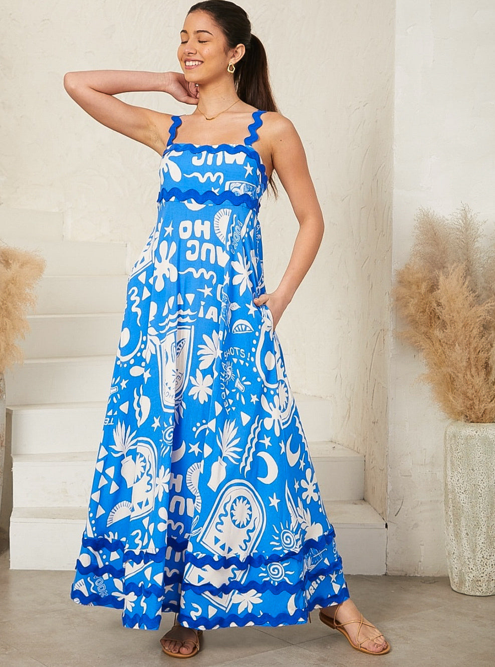 Summer Tequiila Blue/White  Ric Rac Maxi Dress