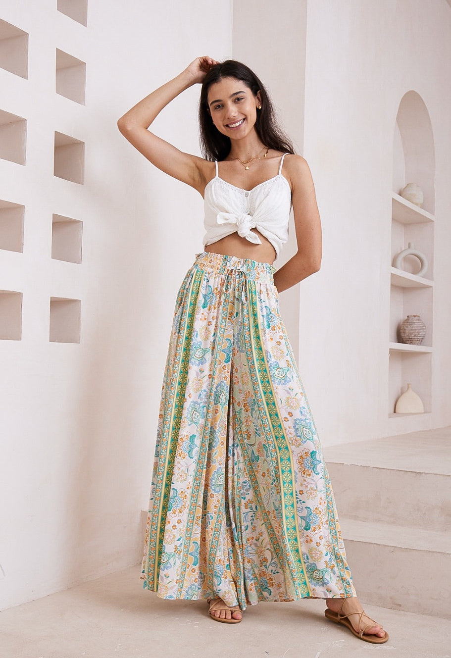 Panama Green/Orange/Pale Yellow Floral Palazzo Pants