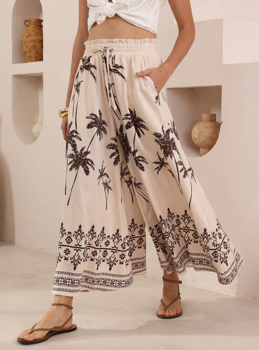 Panama natural / chocolate Palm  Print Palazzo Pants