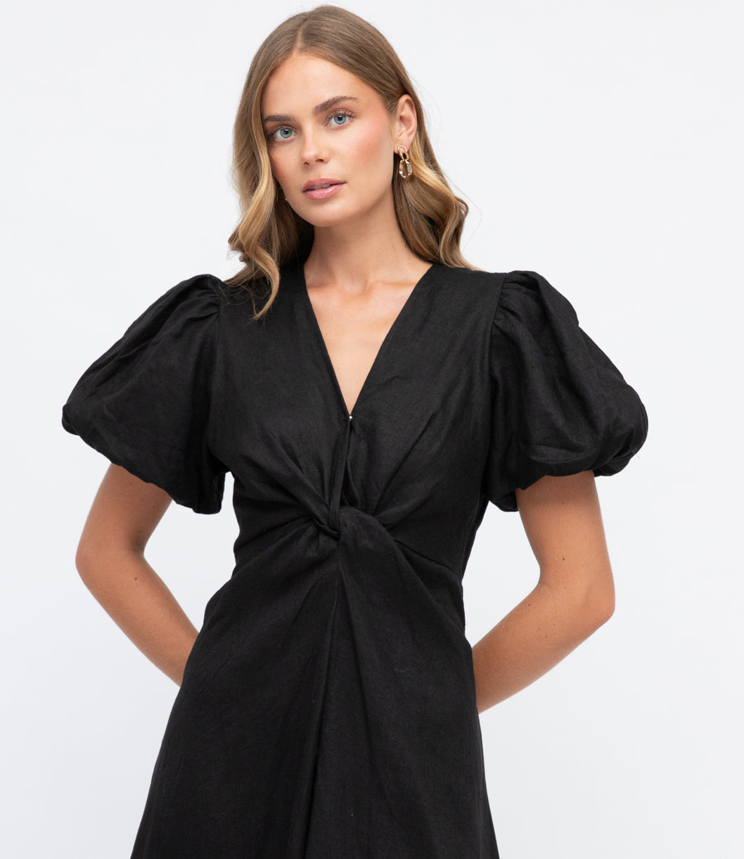 Chrystal Twist Black Linen Dress