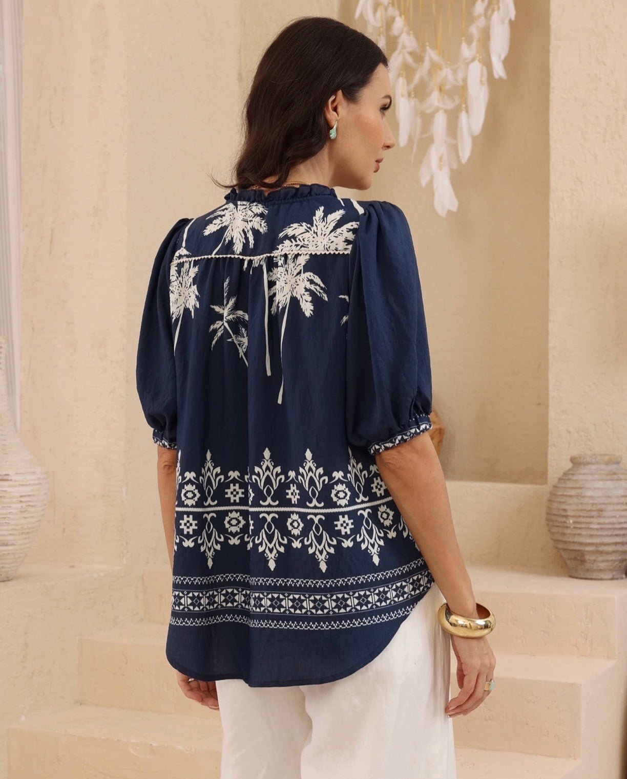 Lisa Palm Navy/White Blouse