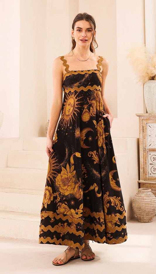 Black/Gold Sun  Ric Rac Maxi Dress