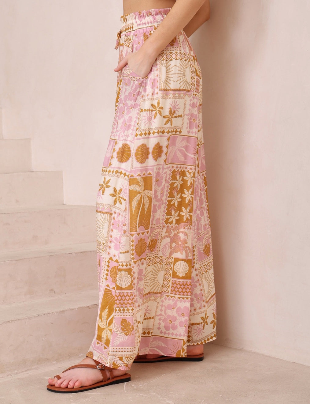 Panama Tan/Pink Block Print Palazzo Pants