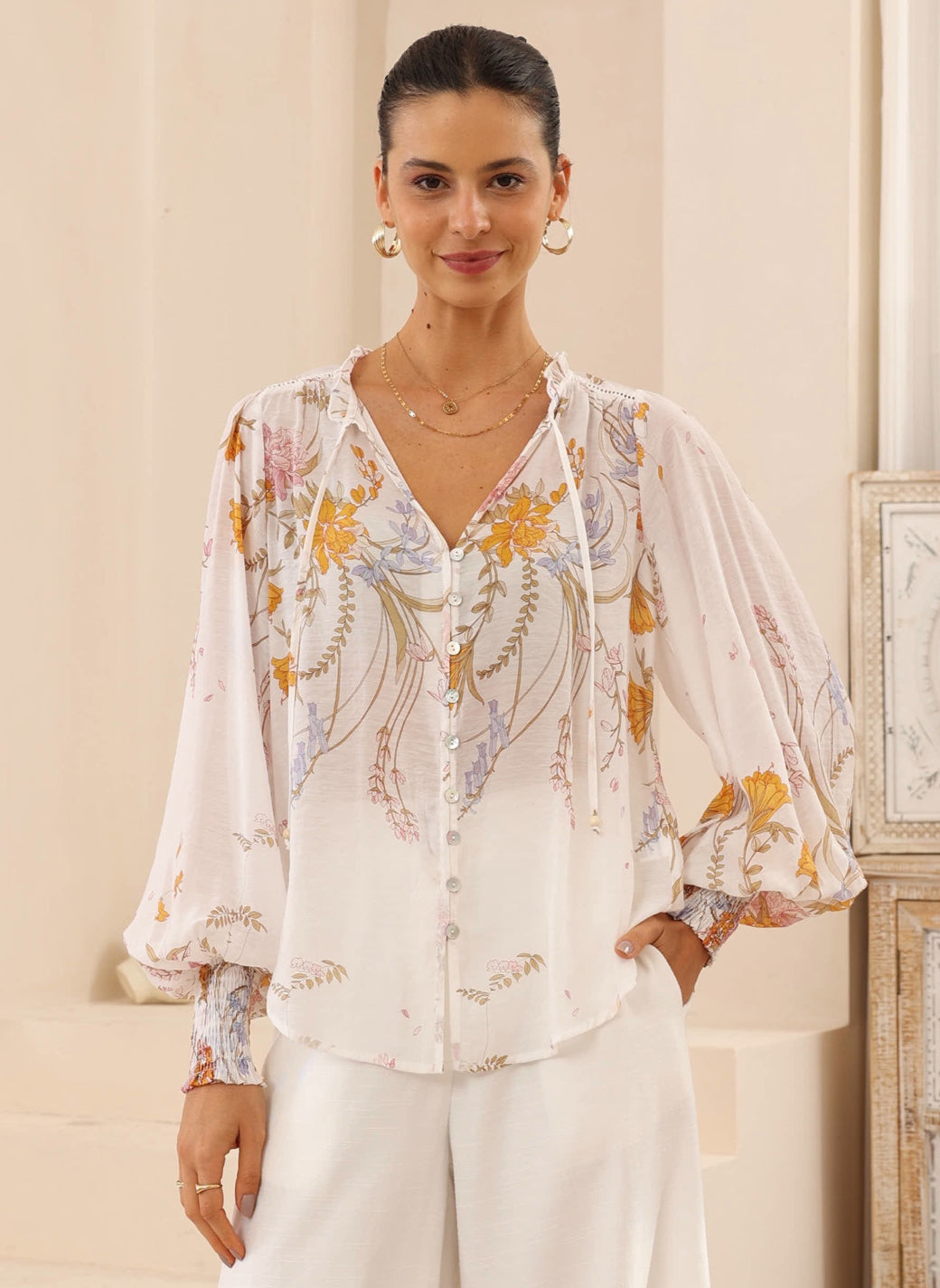 Pamela white/Pink/Yellow Floral Blouse