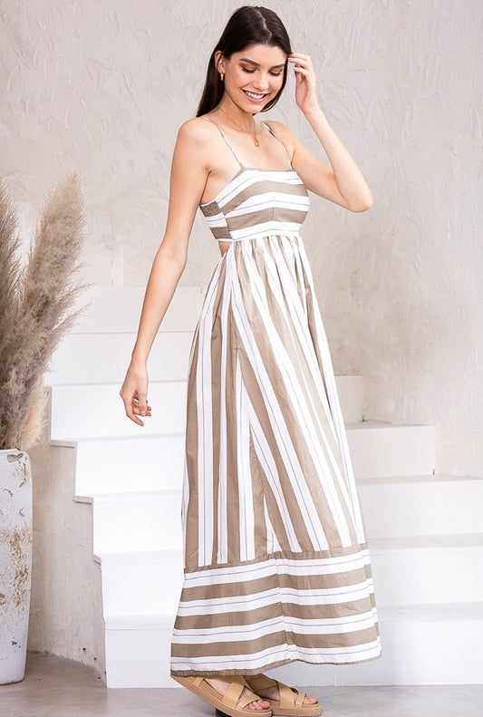 Cleo Beige and White Stripe Maxi Dress