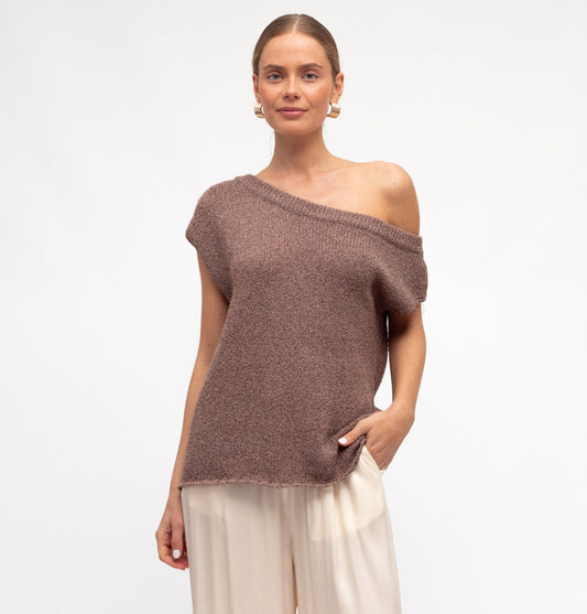 Carrie Chocolate Off the Shoulder Knit Top