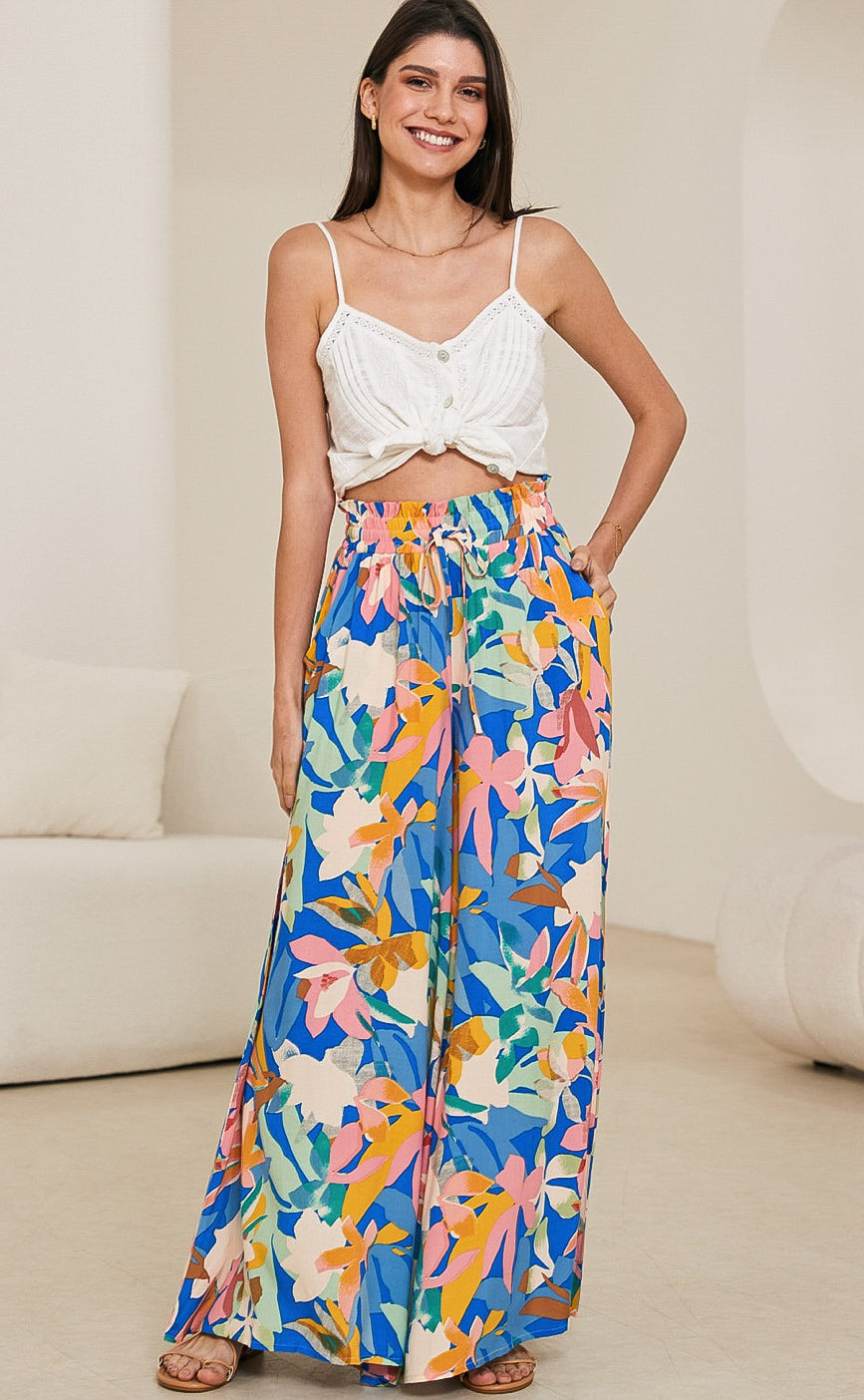 Panama Blue/Pink/Mustard Block Print Palazzo Pants