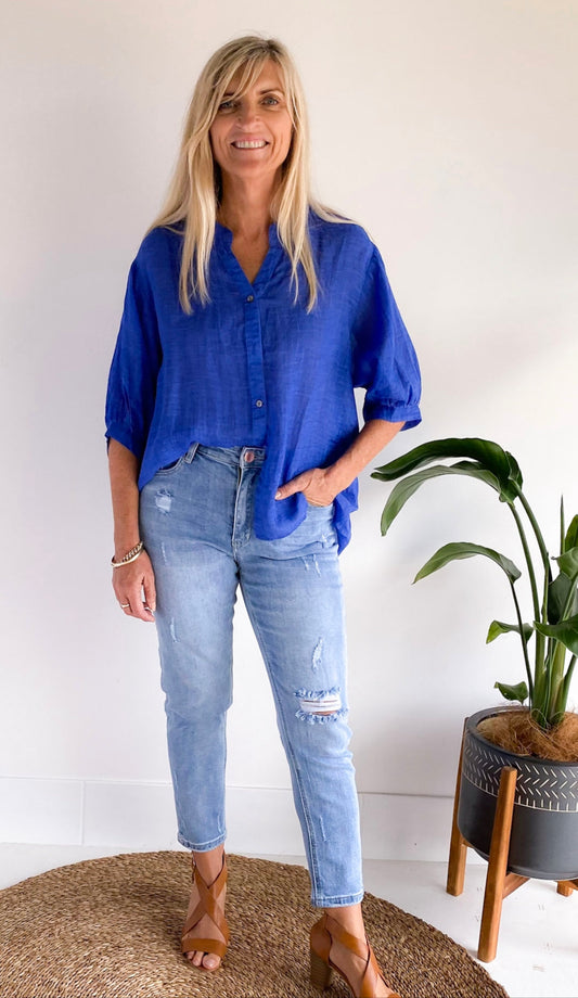 Romance Cobolt Blue Linen Blouse