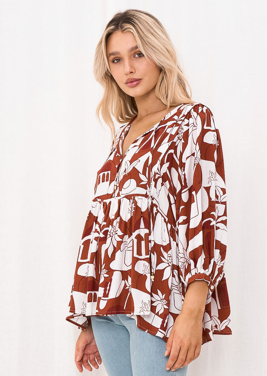 Belle Chocolate and White Block Print Blouse