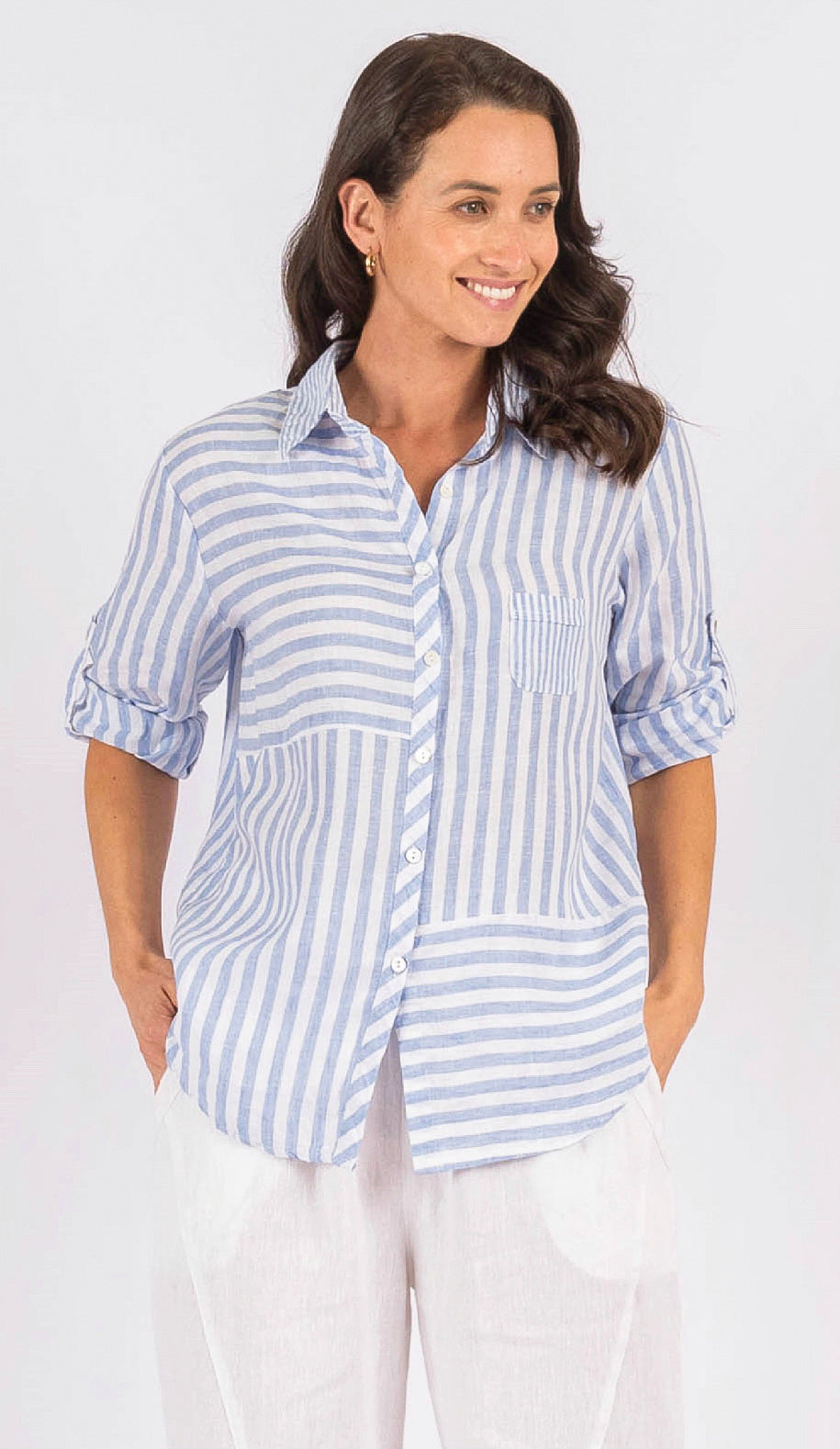 f Hyatt Linen Skye Blue Stripe Shirt