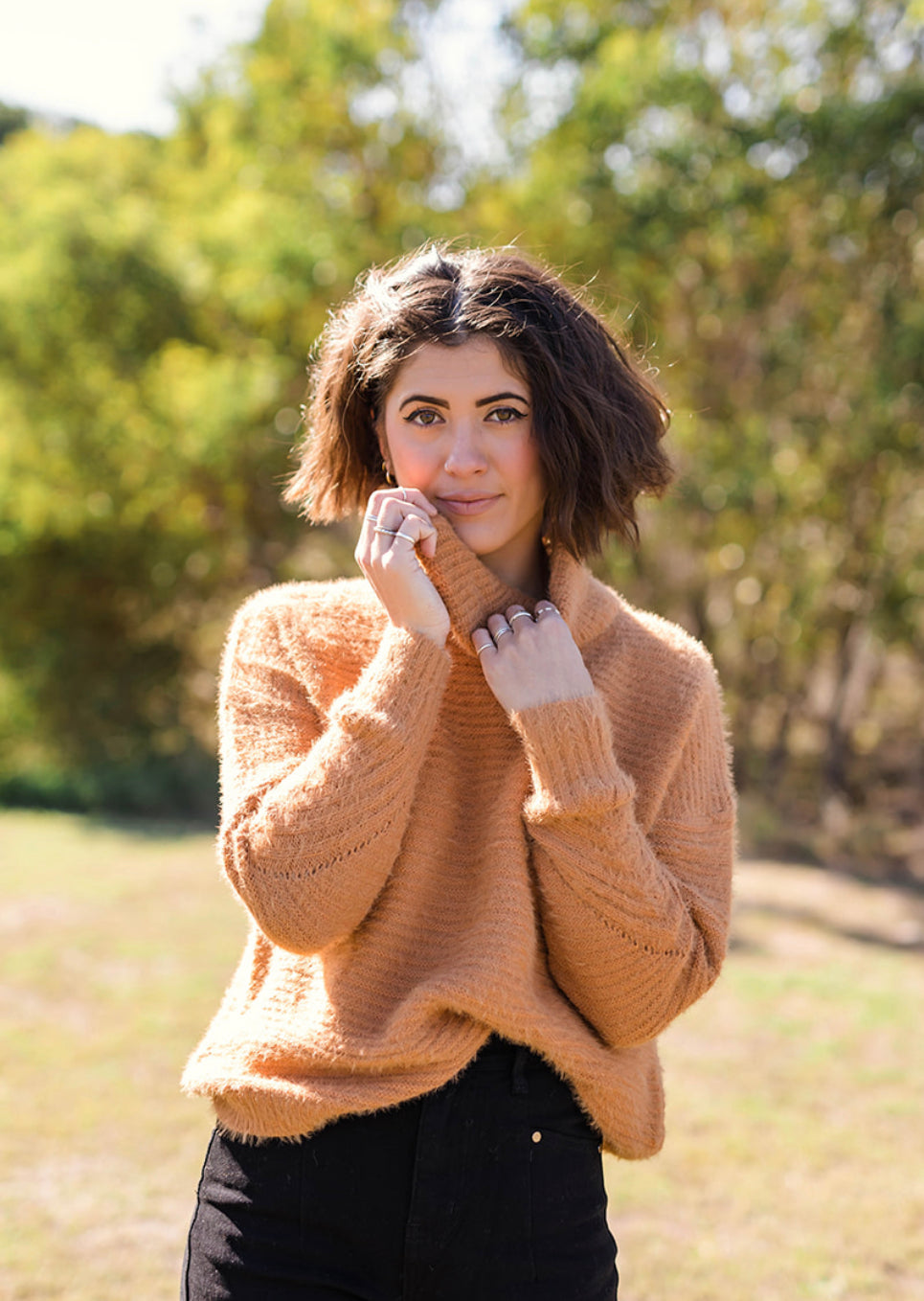 Fluffy Tan Cowl Neck Knit