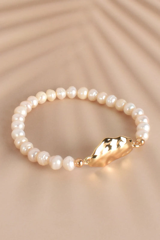Adorne - Molten Metal Pearl Stretch Bracelet, Cream/Gold