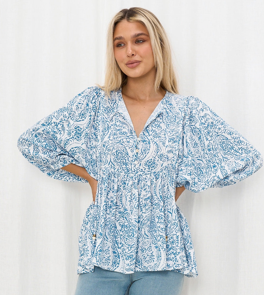 Belle Blue and White Print Blouse